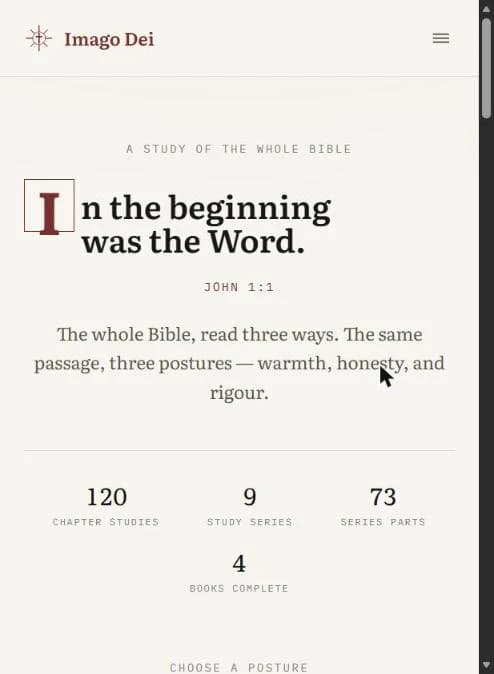 Imago Dei on mobile: the paper-toned hero and study stats stacked for a narrow screen.